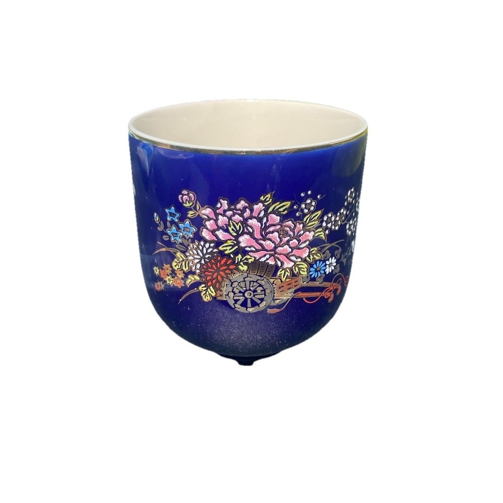 Vintage Kutani Porcelain Sake Tea‎ Cup Cobalt Blue Gold Rim Flower Cart